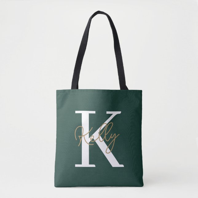 Bolso De Tela Guión moderno de monograma verde esmeralda (Anverso)