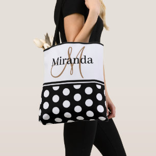 Bolso De Tela Guión monograma de puntos de polka blanco negro