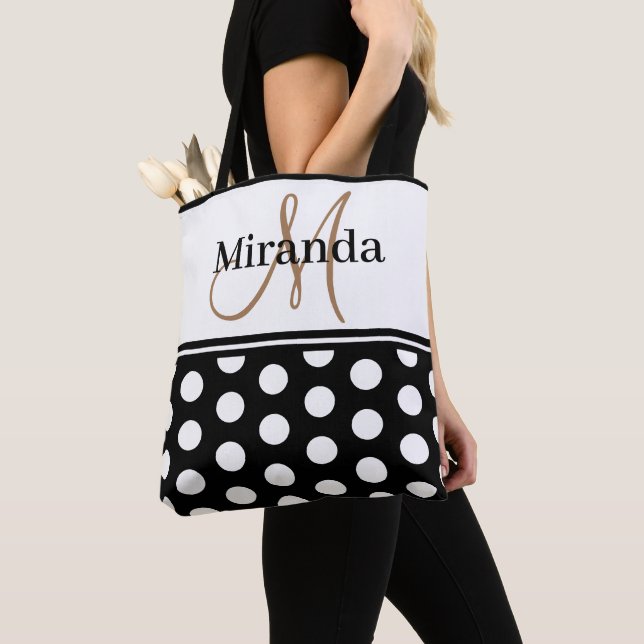 Bolso De Tela Guión monograma de puntos de polka blanco negro (Detalle)