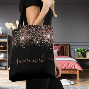 Bolso De Tela Guión monograma de purpurina de oro rosa negro