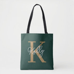Bolso De Tela Guión monograma moderno de oro verde esmeralda