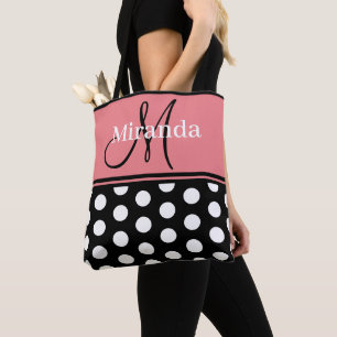 Bolso De Tela Guión monograma puntos de Polka blanco rosado negr
