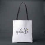 Bolso De Tela Guion personalizado para dama de honor<br><div class="desc">Una elegante bolsa blanca moderna con nombre en escritura negra y corazón dorado que es perfecta para una propuesta de dama de honor. Tus damas de honor pueden llenar su tote con lo esencial para los viajes de la fiesta de soltera, o con lo esencial para llevar la mañana de...</div>