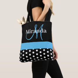 Bolso De Tela Guiones de monograma azul blanco negro con puntos 
