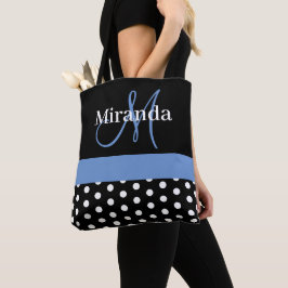 Bolso De Tela Guiones de monograma azul blanco negro con puntos 