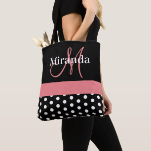 Bolso De Tela Guiones de monograma blanco negro rosado puntos de