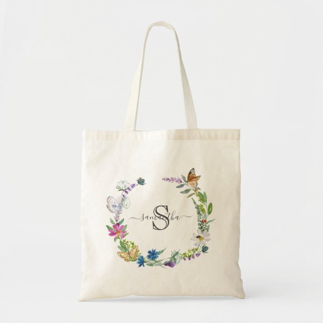 Bolso De Tela Guiones de monograma Caligrafía Mariposas Flores (Frente)
