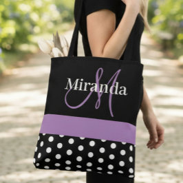 Bolso De Tela Guiones de monograma morado blanco negro puntos de