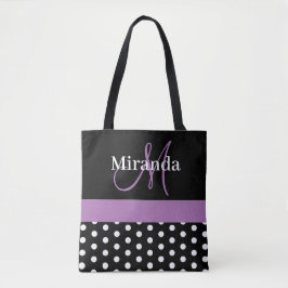 Bolso De Tela Guiones de monograma morado blanco negro puntos de