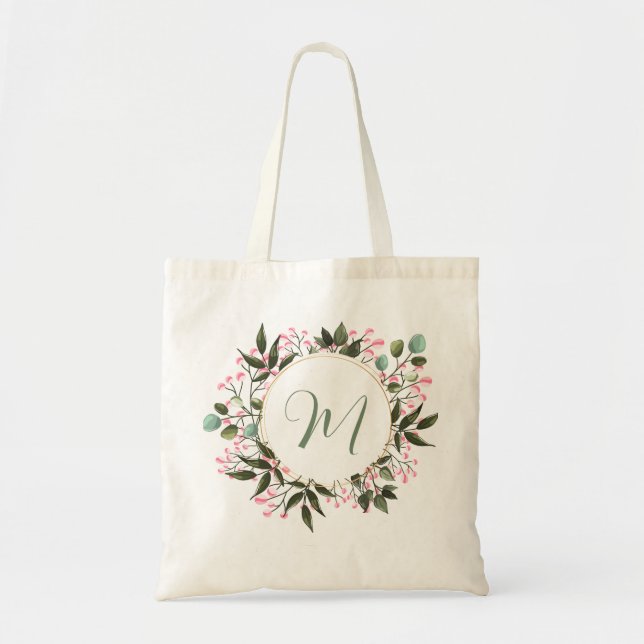 Bolso De Tela Guirnalda de flores de acuarela personalizada con  (Frente)