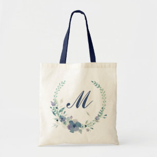 Bolso De Tela Guirnalda floral acuarela azul monograma