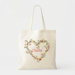 Bolso De Tela Guirnalda floral adorable del corazón con nombre