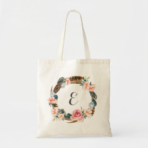 Bolso De Tela Guirnalda floral de la acuarela con el monograma