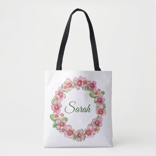Bolso De Tela Guirnalda floral rosa y verde personalizada (Anverso)