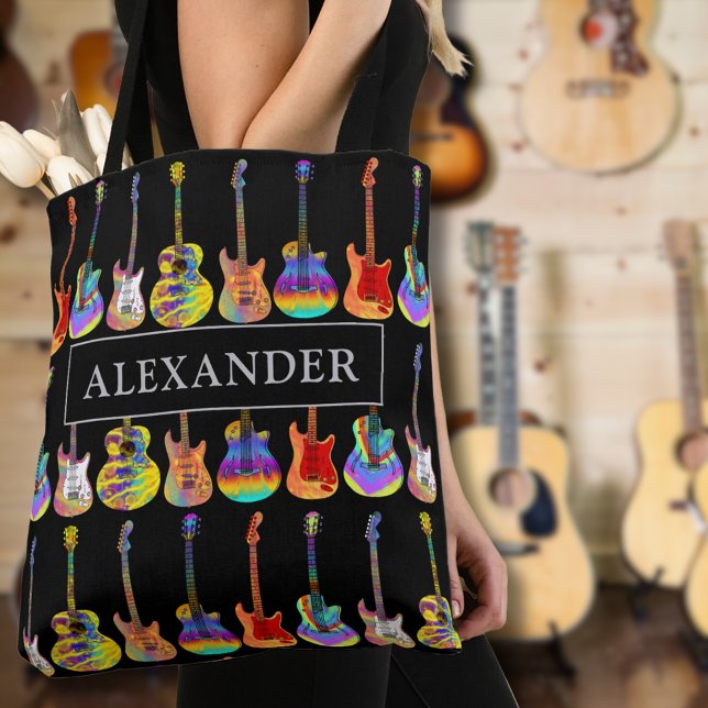 Bolso De Tela Guitarra Jugador Nombre Música Guitariana (Colorful guitar personalized name tote bag for guitarists musicians music teachers psychedelic )