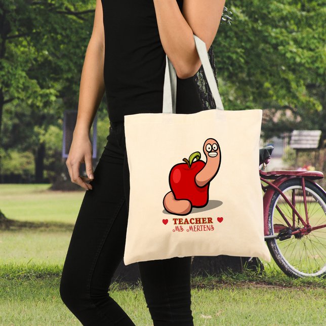 Bolso De Tela Gusano de agradecimiento del profesor en el presup (Teacher Appreciation Worm in Apple Add Budget Tote Bag)
