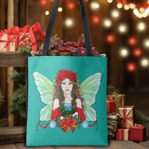 Bolso De Tela Hada de Navidad Fantasía Acebo Campanas Poinsettia