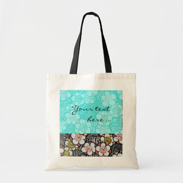 BOLSO DE TELA HAIKU/ BLACK WHITE TEAL BLUE SPRING FLOWERS (Frente)