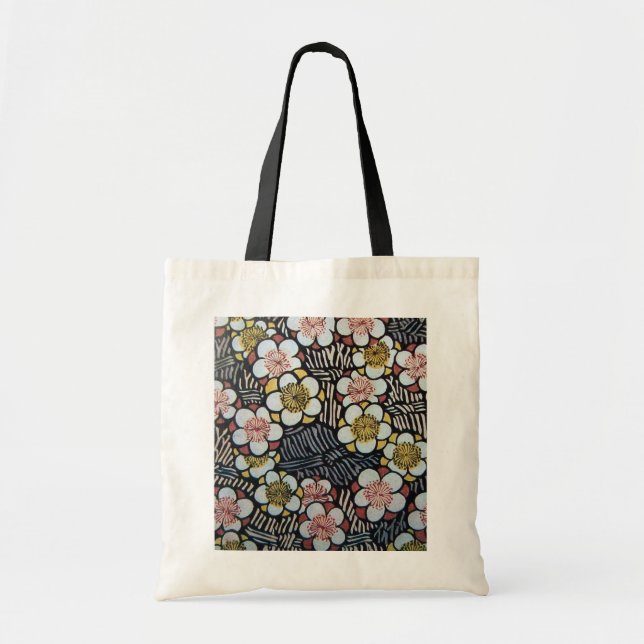 BOLSO DE TELA HAIKU/ NEGRO BLANCO ROSA AMARILLO FLORES DE PRIMAV (Frente)
