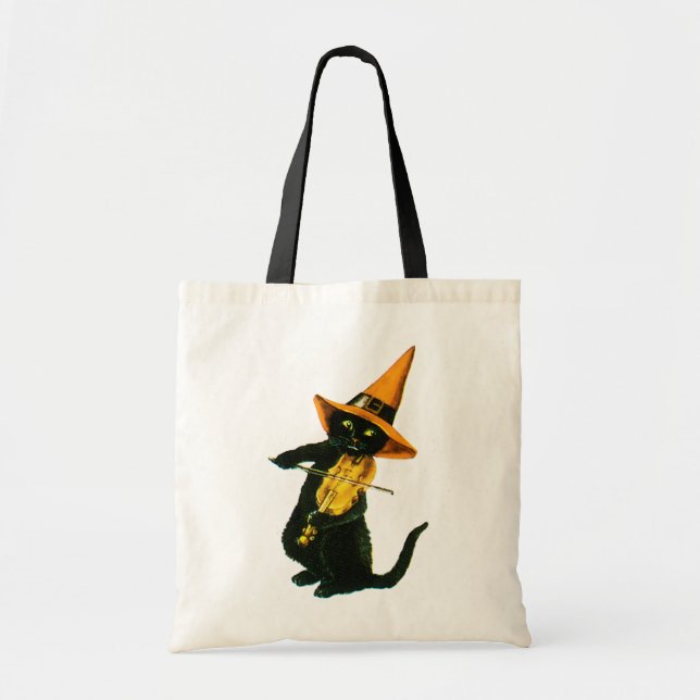 Bolso De Tela Halloween a la antigua, gato bruja jugando violín (Frente)
