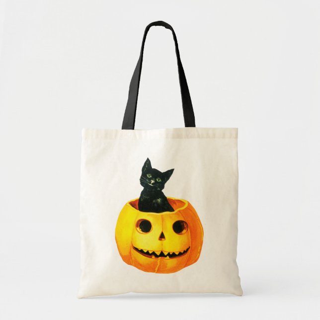 Bolso De Tela Halloween a la vieja usanza, gato negro en calabaz (Frente)