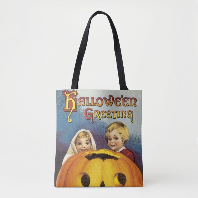 Bolso De Tela Halloween anticuado, niños y calabaza (Anverso)