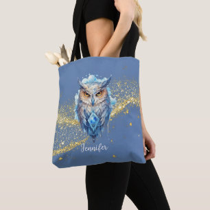 Bolso De Tela Halloween azul Purpurina de oro de búho azul y bla