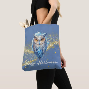 Bolso De Tela Halloween azul Purpurina de oro de búho azul y bla