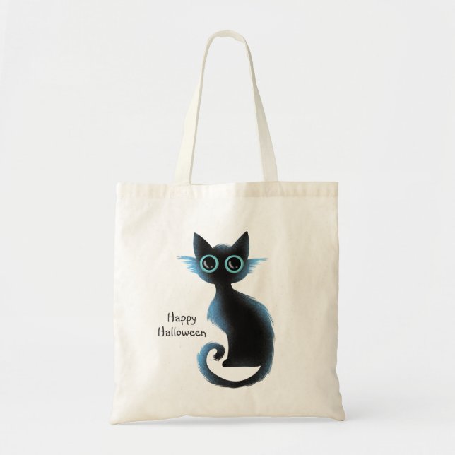 Bolso De Tela Halloween Big Eyes Black Blue Evil Cat (Frente)
