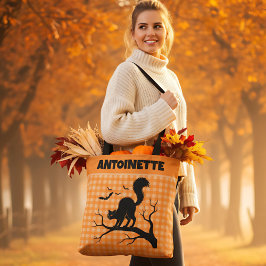 Bolso De Tela Halloween Black Cat on Tree Orange Gingham Plaid