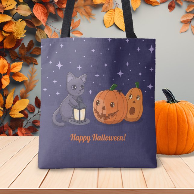 Bolso De Tela Halloween Black Cat Pumpkins Lantern Purple (Subido por el creador)