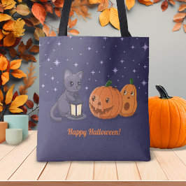 Bolso De Tela Halloween Black Cat Pumpkins Lantern Purple