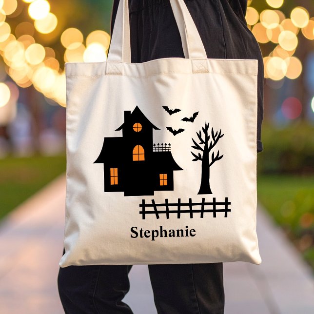 Bolso De Tela Halloween Black Haunty House Silhouette And Name (Disclaimer: This image is a digital mockup.)