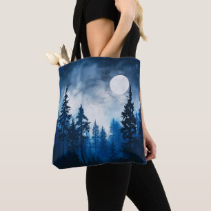 Bolso De Tela Halloween blanco y azul de luna llena en el bosque