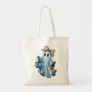 Bolso De Tela Halloween Blue Denim Boo Ghost Floral Coquette Bow