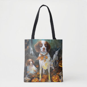 Bolso De Tela Halloween Brittany Spaniel con calabazas aterrador