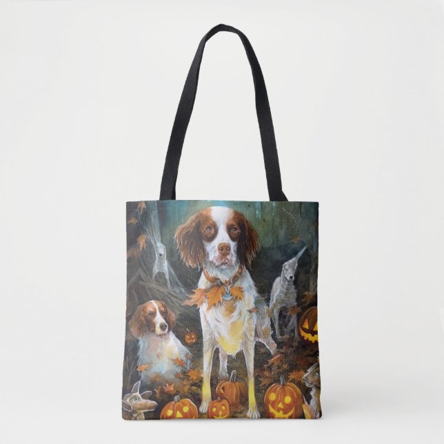 Bolso De Tela Halloween Brittany Spaniel con calabazas aterrador (Anverso)
