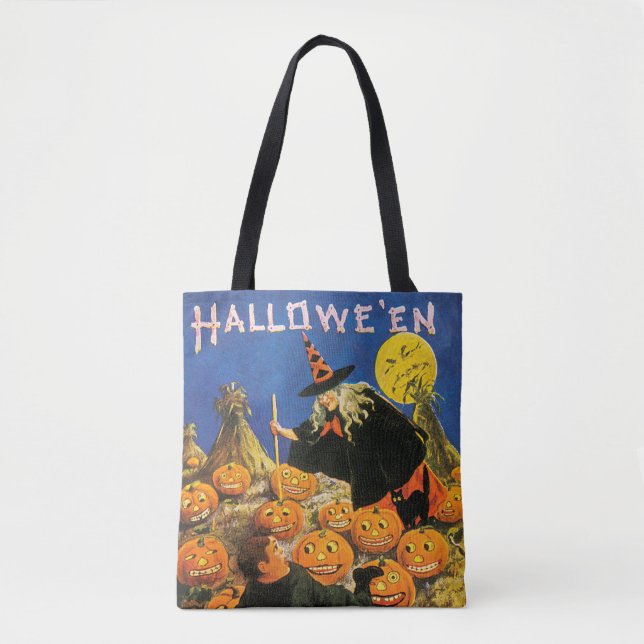 Bolso De Tela Halloween, brujas y calabazas anticuadas (Anverso)