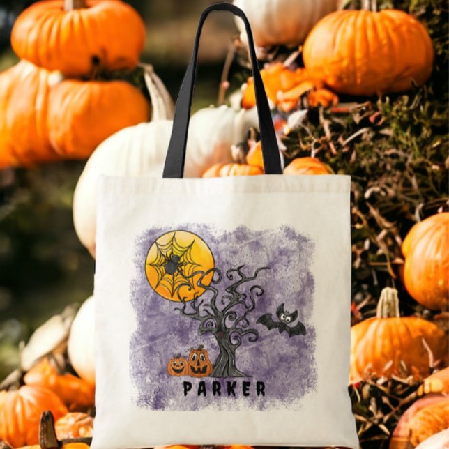 Bolso De Tela Halloween Calabazas Bat Spooky nombre árbol morado (Subido por el creador)