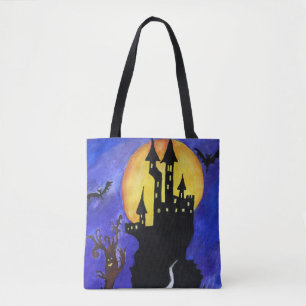 Bolso De Tela Halloween Castle Bats Tree Drawing Tote Bag