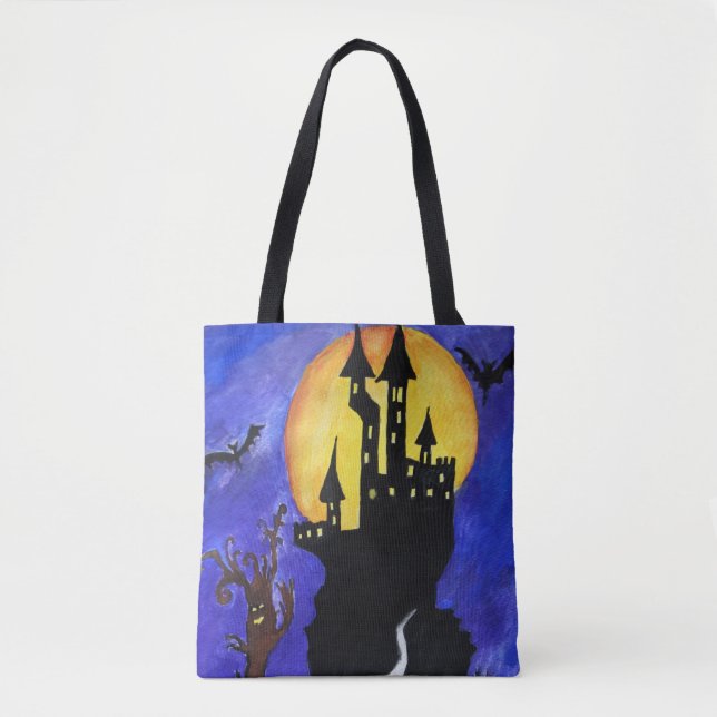 Bolso De Tela Halloween Castle Bats Tree Drawing Tote Bag (Anverso)