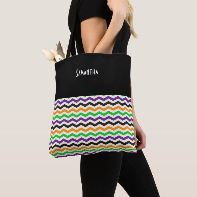 Bolso De Tela Halloween Chevron Green Purple Black Naranja Name (Detalle)