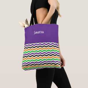 Bolso De Tela Halloween Chevron Green Purple Black Naranja Name