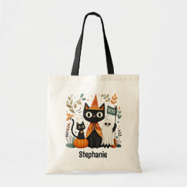 Bolso De Tela Halloween con gatos negros y fantasmas personaliza