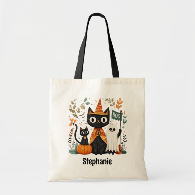 Bolso De Tela Halloween con gatos negros y fantasmas personaliza (Frente)