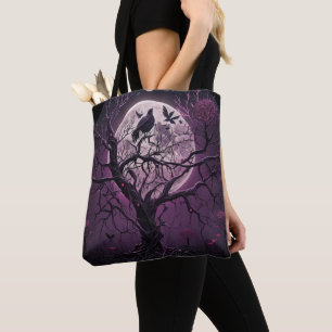 Bolso De Tela Halloween de Aves Negras con cielo púrpura y luna 