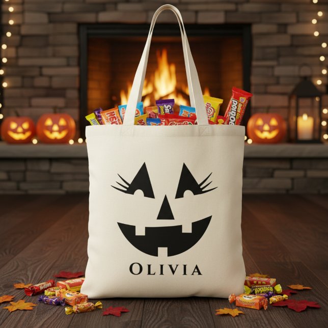 Bolso De Tela Halloween de calabaza de calabaza para chicas pers (Personalized Girly Pumpkin Face Halloween Tote Bag - Just add your trick-or-treater's name!)