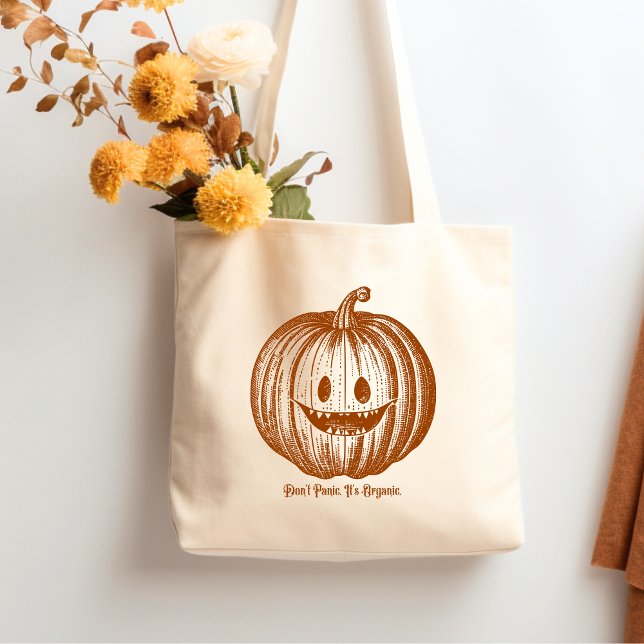 Bolso De Tela Halloween de calabaza No te preocupes es orgánico (Vintage jack o lantern funny halloween tote featuring the quote Don't Panic It's Organic.)