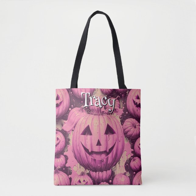 Bolso De Tela Halloween de calabaza rosa monograma (Anverso)