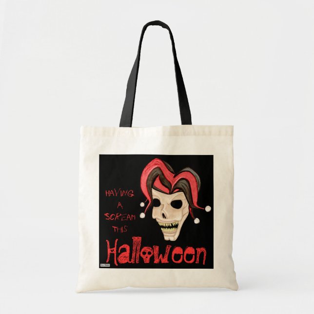 Bolso De Tela Halloween de Evil Jester Skull (Rojo) (Frente)